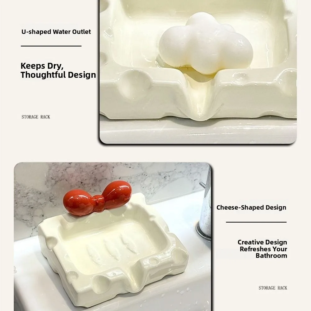 

Bathroom Accessories Ceramic Cheese Soap Box Exquisite Decorative Bowknot Storage Rack Household Drain Soap Holder Toilet Shelf