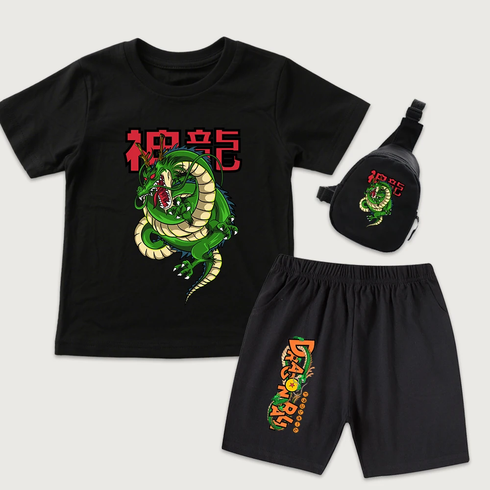 Dbz Shen Long Anime Print Kids Boys Girls Cotton T Shirt Shorts Set with Mini Chest Bag 3 Piece Set Casual Summer Outfit