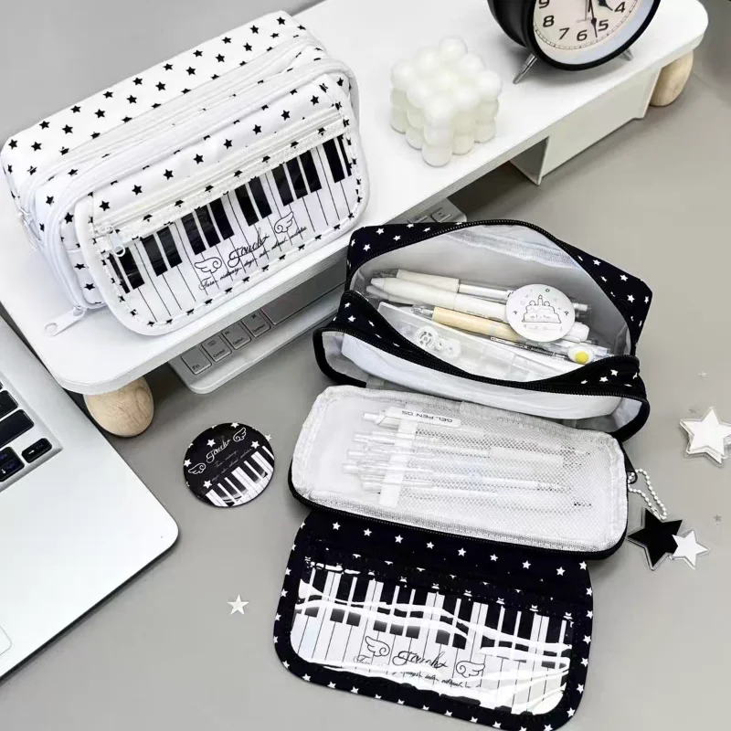 Kawaii Piano Keyboard Makeup Bag Star Print Case Multi Layers Flip Pen Bag Oxford Cloth Student  Organizer Back To School Gift