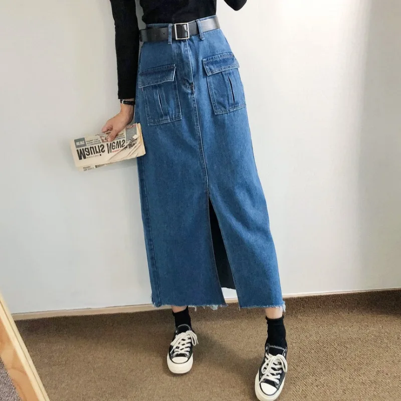 Retro High Waist A-Line Denim Skirt Women's Midi Skirt Front Slit Design Slimming Cotton Fabric Commute Sle Long Skirt