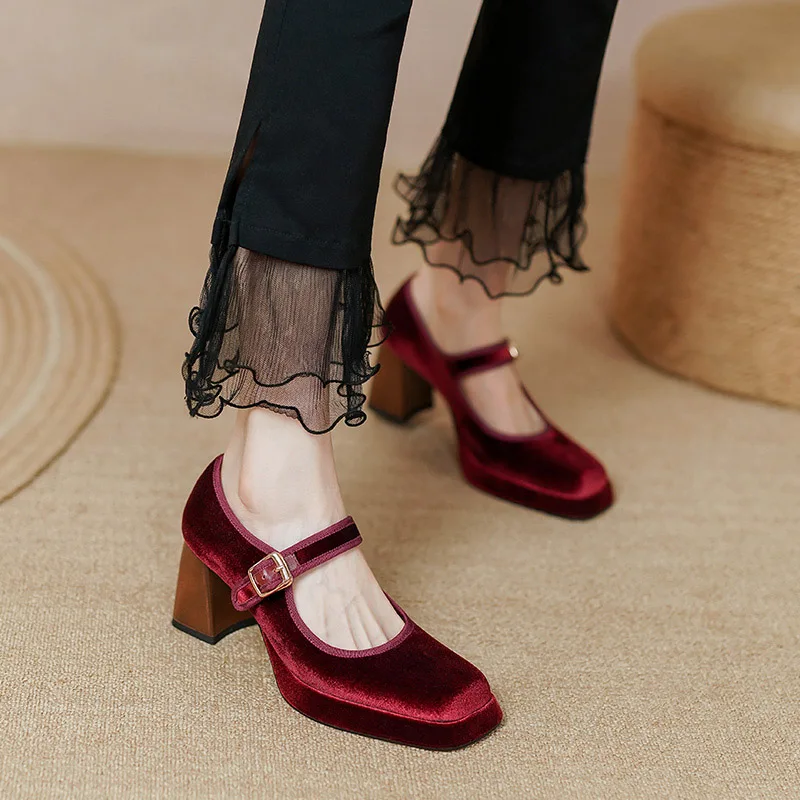 Phoentin Retro Velvet Mary Jane Shoes for woman 2022 Autumn new  high heels Pumps Ladies Elegant Party shoes green red FT1975