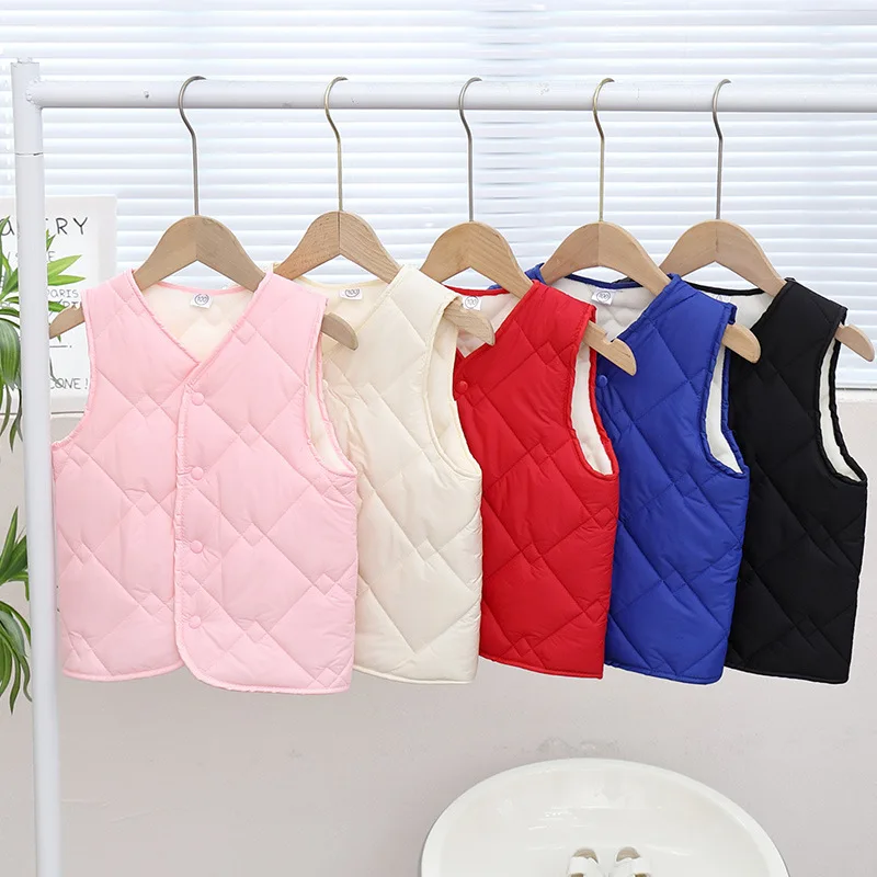 

New Autumn Winter Sleeveless V-Neck Solid Casual Vest Baby Fleece Lined Warm Kids Coat Padded Waistcoat Boys Girls Children Vest