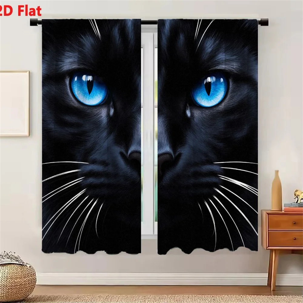 2Pcs Curtains 2D Flat Close - up Digital Illustration Of A Black Cat With Glossy Fur And Vivid Bright Blue Eyes Window Drapes fo