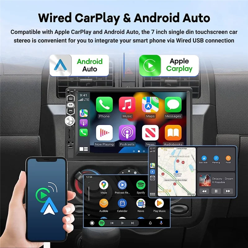 

Автомобильная стереосистема Carplay, автомагнитола на Android, 7-дюймовый сенсорный экран, зеркальная связь/Bluetooth/FM-радио/Резервное копирование