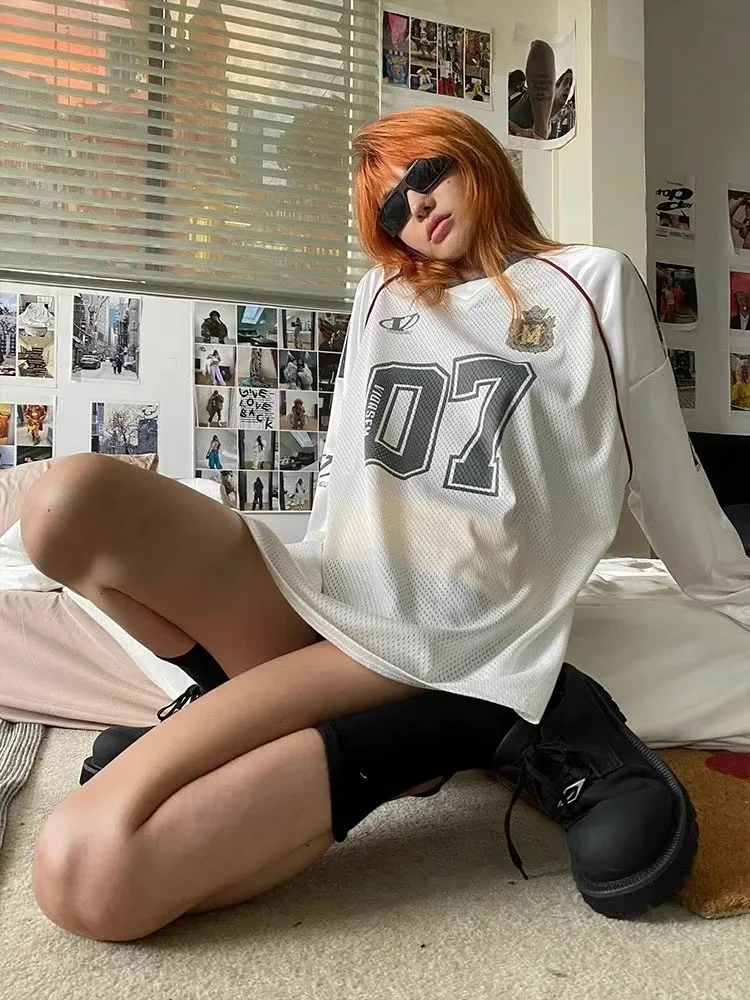 American Y2k Long Sleeved T Shirt Gothic Hip Hop Letter Printing Plaid Jersey Sweatshirt Harajuku Retro Streetwear Sweatshirt