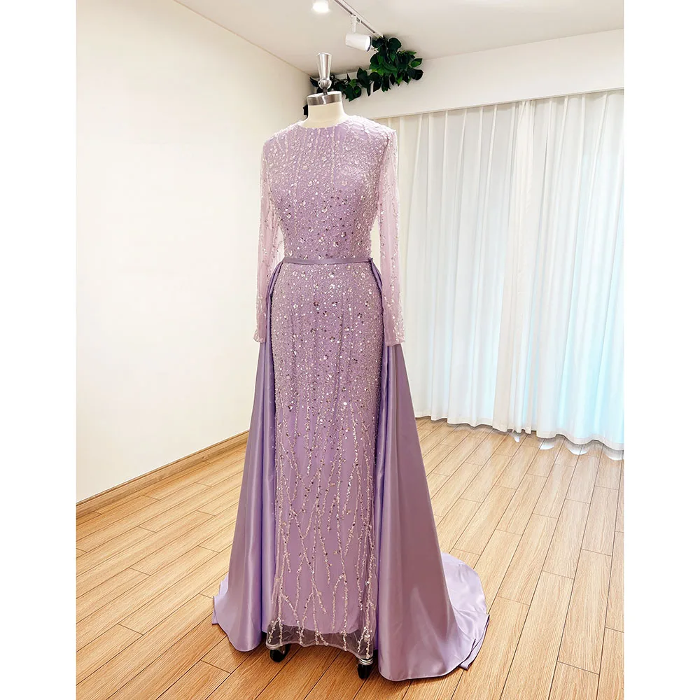 Elegant Wedding Evening Dress for Women 2024 Muslim O Neck Long Sleeves Mermaid with Detachable Train Sequined Prom Party Gowns