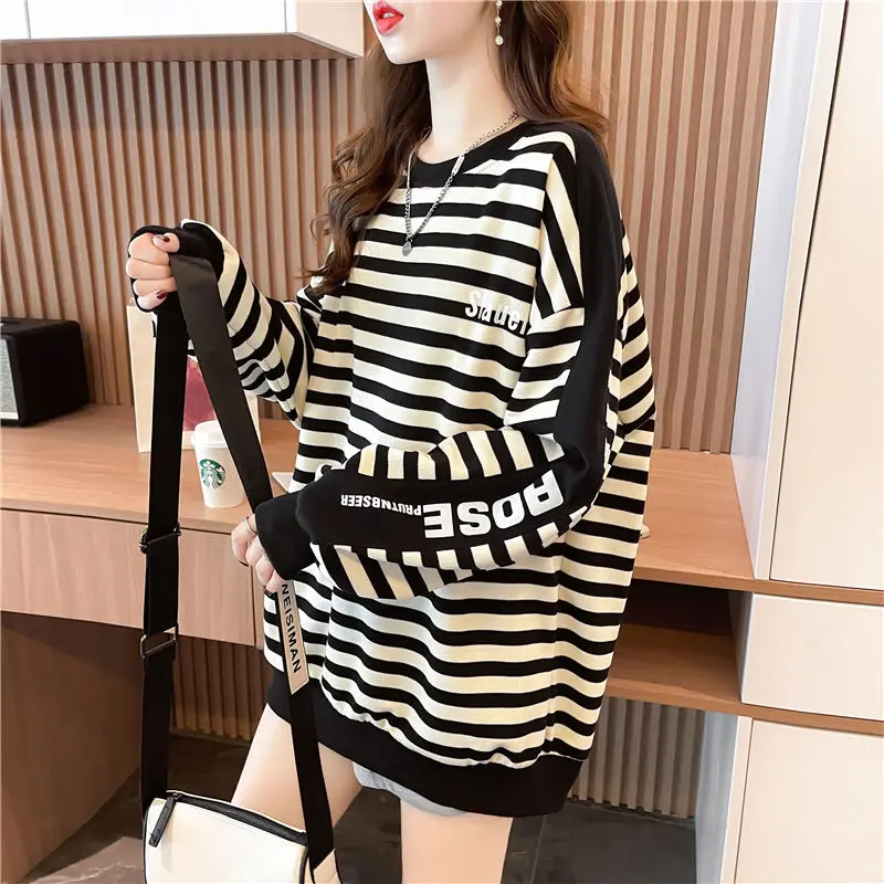 Loose Pullovers Black Striped Warm Women\'s Sweatshirts Long Cold Baggy Thick Autumn and Winter Female Top Aesthetic Coat New In