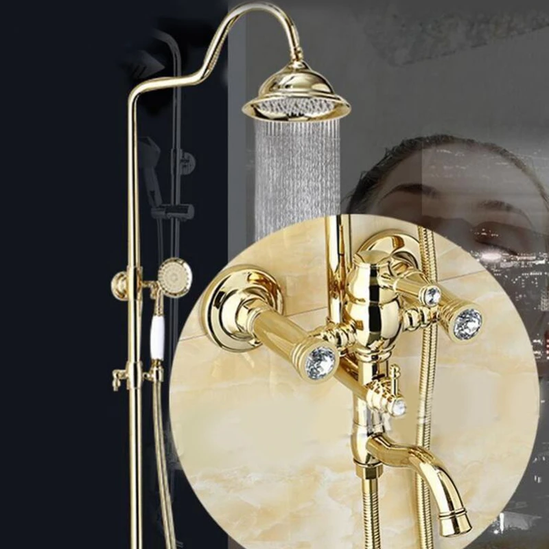 Vidric Bathroom Rain Shower Set Luxury Gold Brass Wall Mounted Bath Shower Rainfall Faucets with Hand Shower Kits Set ELS2008