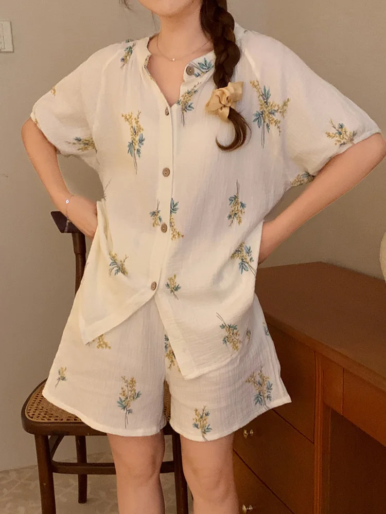 Soft Summer Style Wear Out Print Cardigan Casual Vacation Short Sleeved Pajama Set Women Vacation Cotton Korean Suit Loose Ins