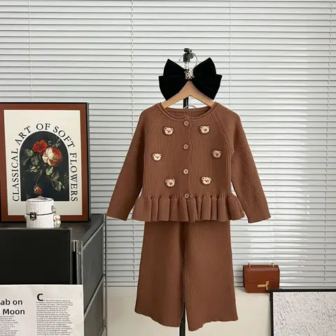 Set maglione da bambina in stile coreano dolce cardigan a maniche lunghe pantaloni casual outfit vestiti per bambini in due pezzi autunnali alla moda