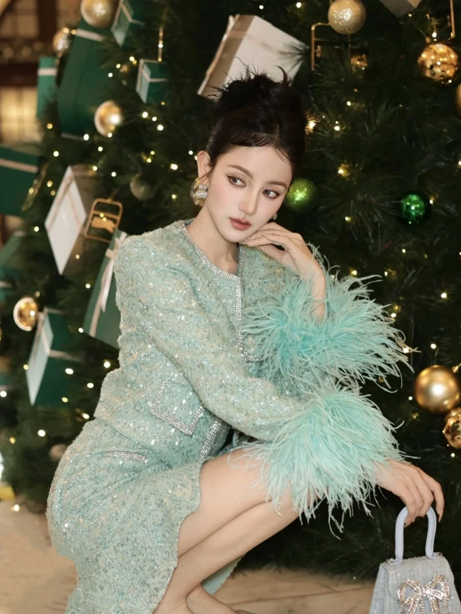 High-End Green Woolen Sequins Feather Sleeve Cropped Coat Top High Waist Slimming Skirt Elegant Two Pieces Women\'s Outfits