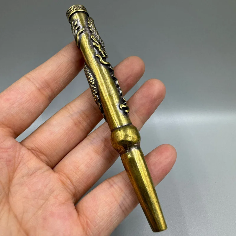 Brass Coiled Dragon Pattern Old-fashioned Dry Bag Palm-sized Tobacco Pipe Retro Chi