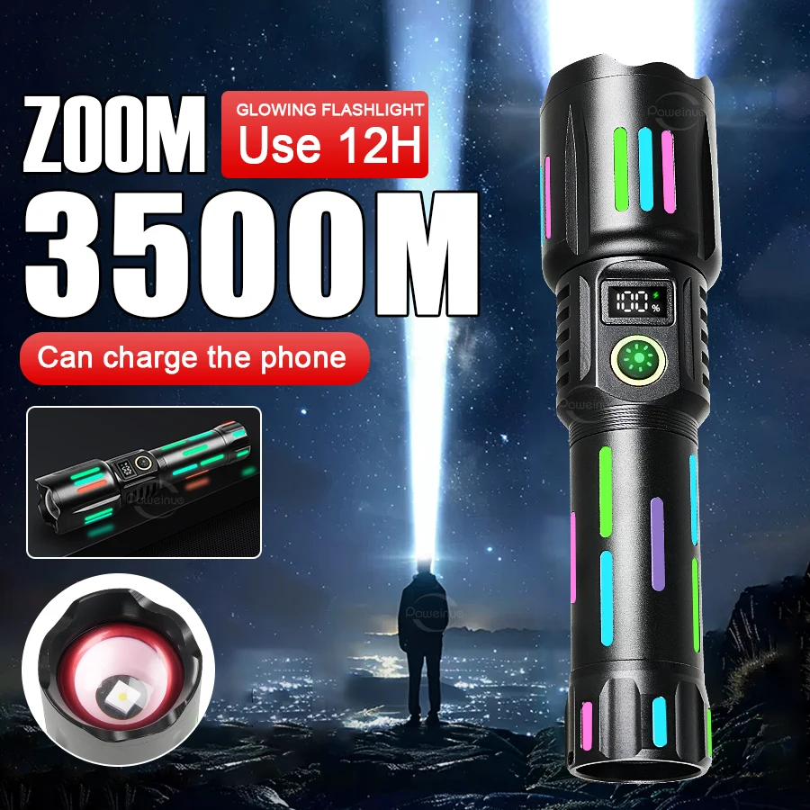 800W High Power White Laser Flashlight with Luminous Strips 3500 Meter Long-Range TYPE-C USB Rechargeable Zoomable Camping Lamp