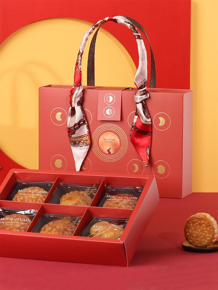 

2025 New Red Gold-Stamped Ribbon Carryable Mooncake Box 80g Egg Yolk Pastry Box 98 Pieces Baking DIY Kitchen Utensil