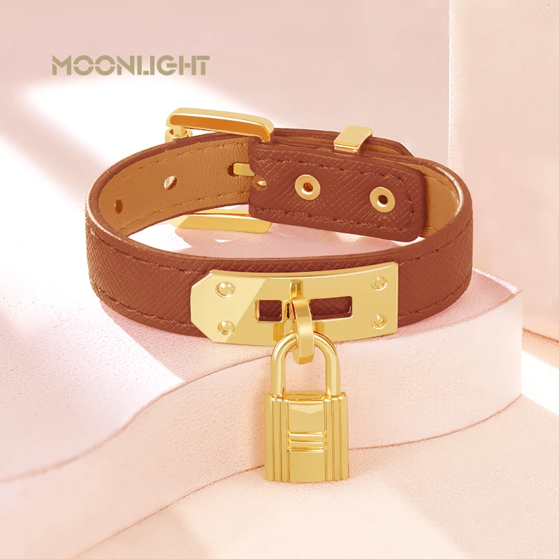 MOONLIGHT Classic Design Golden Lock Bracelets for Women High Quality Adjustable Leather Bracelet Female Jewelry Gifts 2 Colors