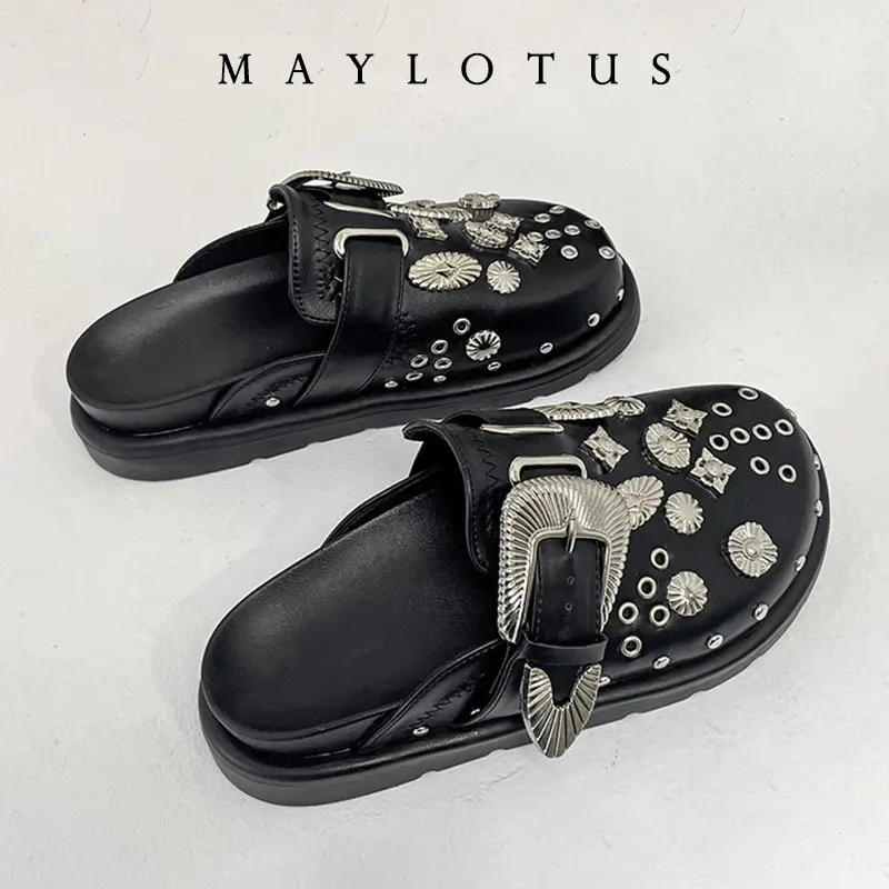 

Women Slippers Platform Rivets Punk Rock Leather Mules Creative Metal Fittings Casual Party Shoes Female Outdoor Slides