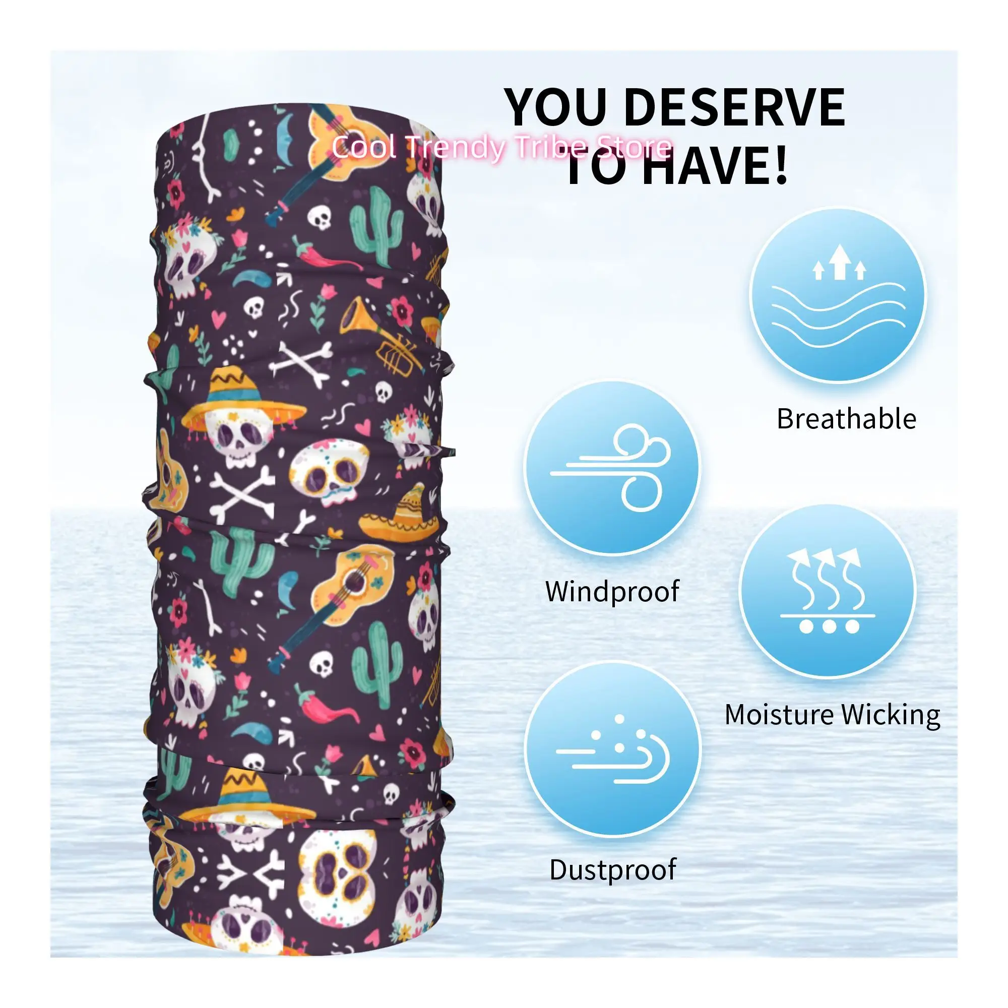 Women' Mexican Day of the Dead Sugar Skull Head Scarf Bandana - Boho Floral Hair Wrap & Headband Suitable for Summer Beach, Retr