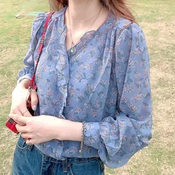 Sweet Chiffon Blouse for Women, Puff Sleeve, Korea Women Tops and Blouses, Cardigan, Floral Print Shirts, Spring Summer, 10314