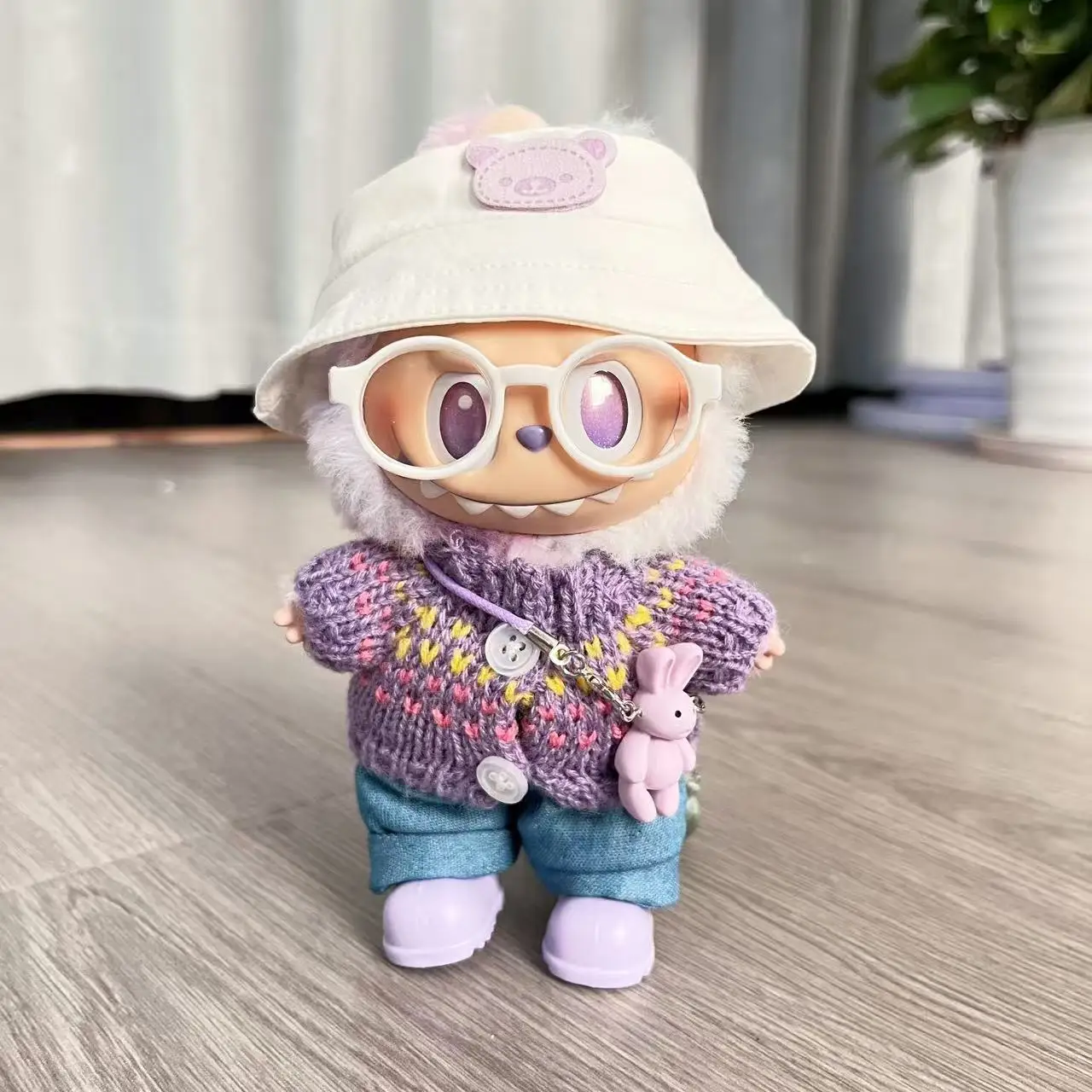 

15/17cm Cute Labubu 1st3rd Gen Dolls Knit Sweater Fashion Outfit Set Colorful Sweaters Denim Pants Bucket Hats Bunny Charms