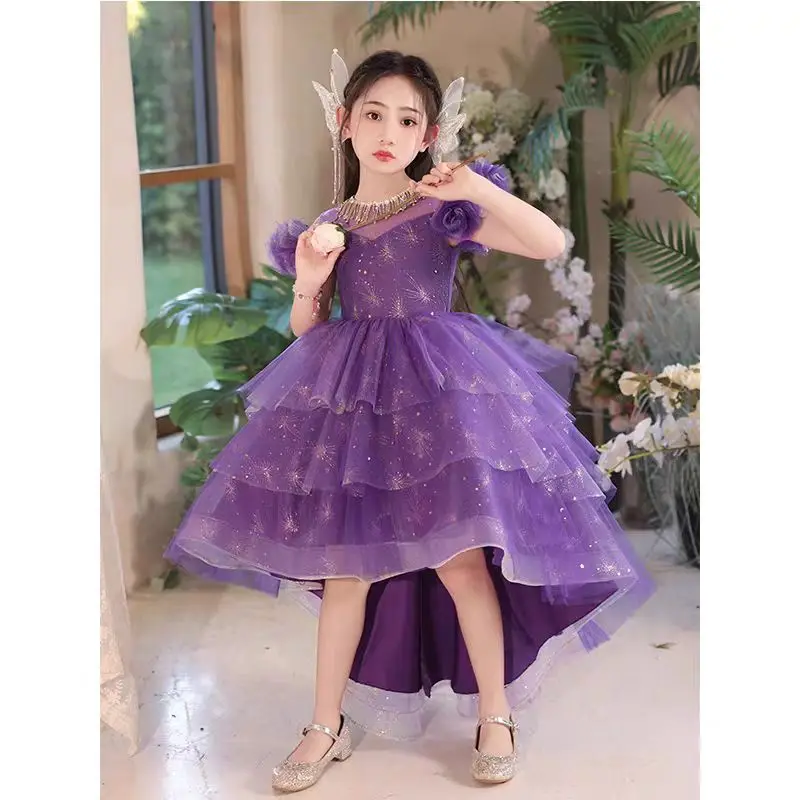 New girl purple dress sweet front short back long sweet princess dress host flower girl wedding piano performance dress