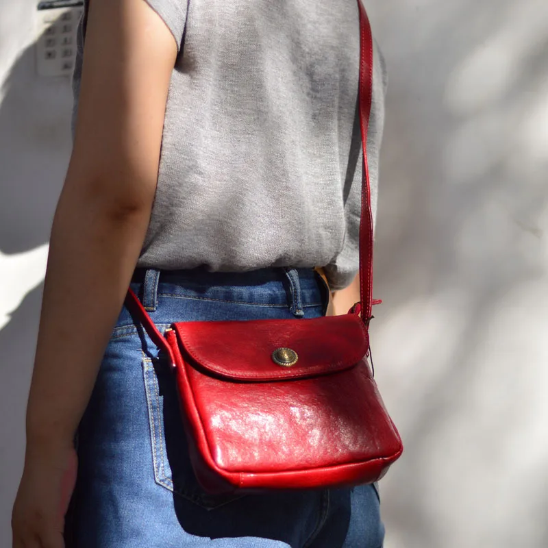 

Handmade Leather Crossbody Bag Vintage Versatile Top Layer Cowhide Women's Bag American Retro Style Folded Cotton