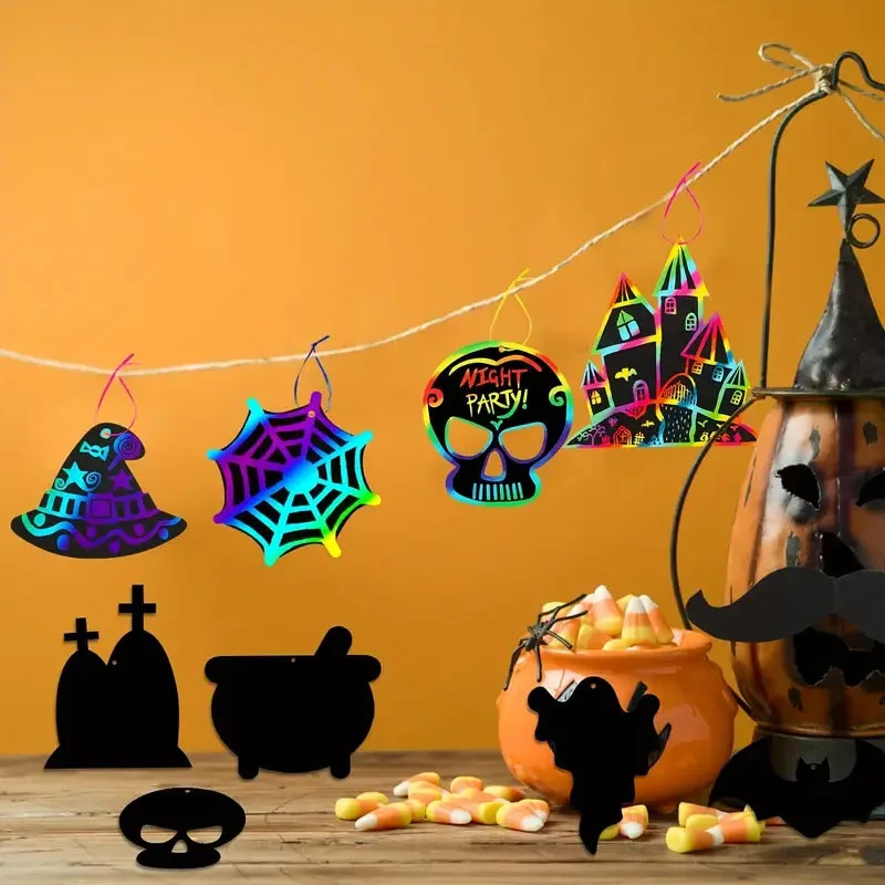 

2025New Halloween Colorful Scratch Paper Cartoon Cat Pumpkin SpiderAnimal-shaped Children's DIY Colorful Creative Scratch Paper