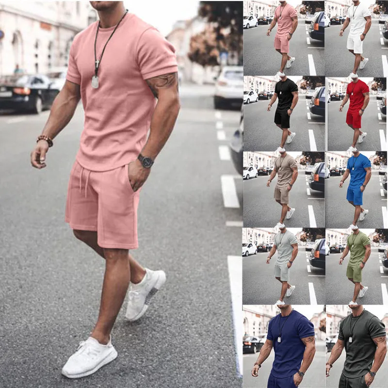 

2025 Summer New Casual Solid Color Men Short Sleeve Shorts Set Fashion Sports Male Round Neck Two Piece Sets