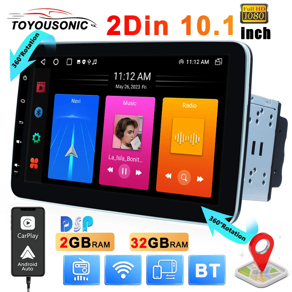 TOYOUSONIC 2din Carplay Android Auto 10.1inch 360° rotatable Touch Screen Car Radio WIFI GPS DSP BT Autoradio Multimedia Player