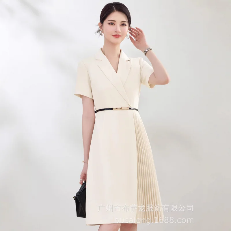 Elegant professional suit-collar dress for female hosts2026New Summer Design: Patchwork Pleated Commuter Skirt