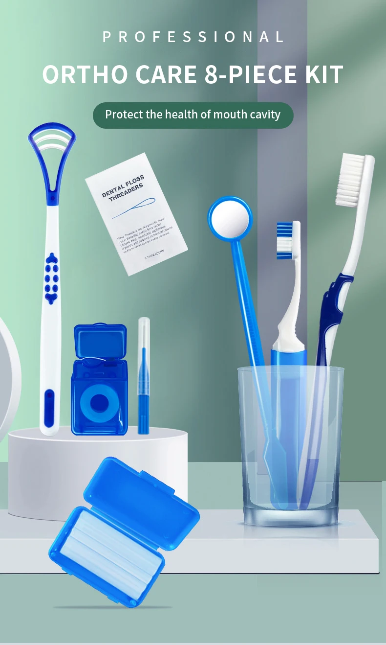 8-teiliges orthodontisches Zahnpflege-Bürstenset zur Zahnreinigung mit Interdentalbürste, Zahnseide, Ortho-Wachs und Reise-Kit – Detail 1