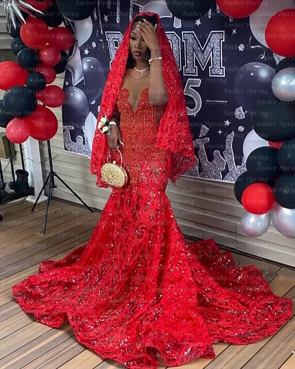 

Stunning Red Sequins Mermaid Prom Dress With Cape Rhinestones Evening Gown Birthday Party Gala Dress Maxi Vestido de Customized
