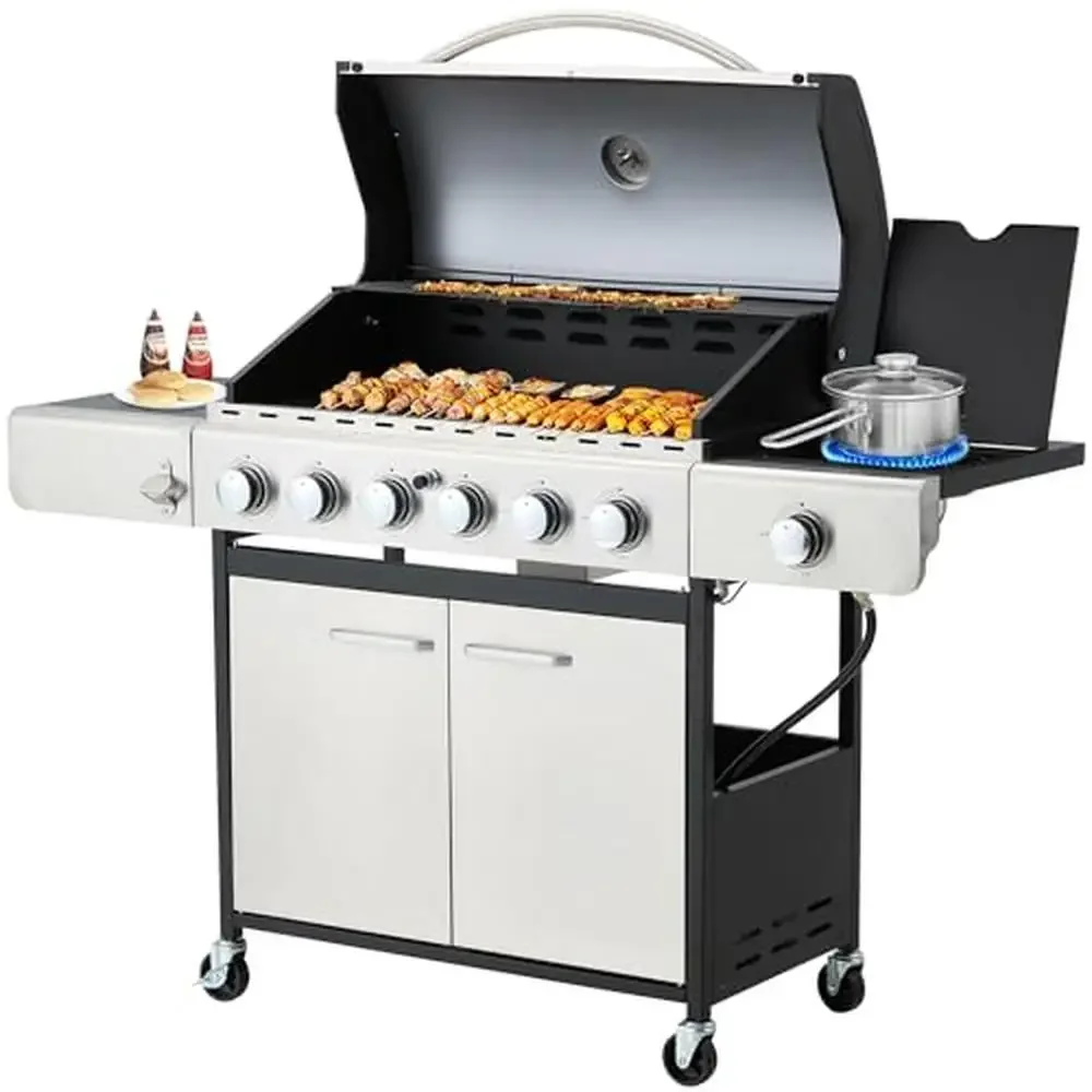 Outdoor Stainless Steel 6 Burner BBQ Propane Gas Grill 58,000 BTU Side Table and Stove Extra Large Cooking Space Even Heat