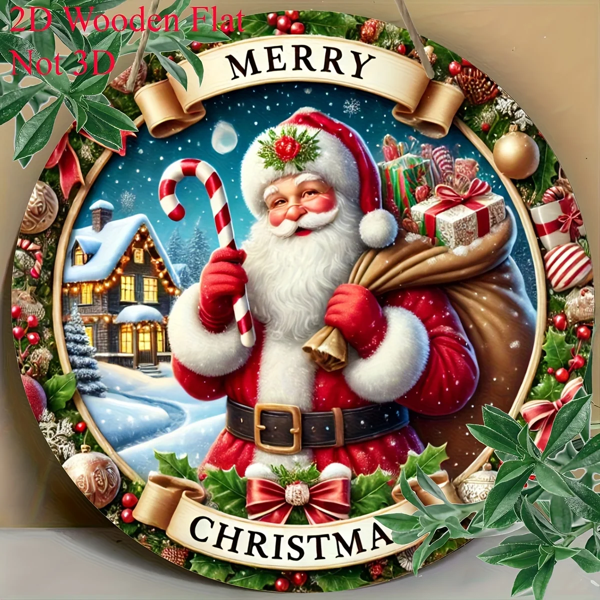 2D Flat, Santa Claus Wooden Christmas Wall Plaque - 2D Flat Artificial Wood Holiday Decor with Merry Christmas Banner, Snowy Vil