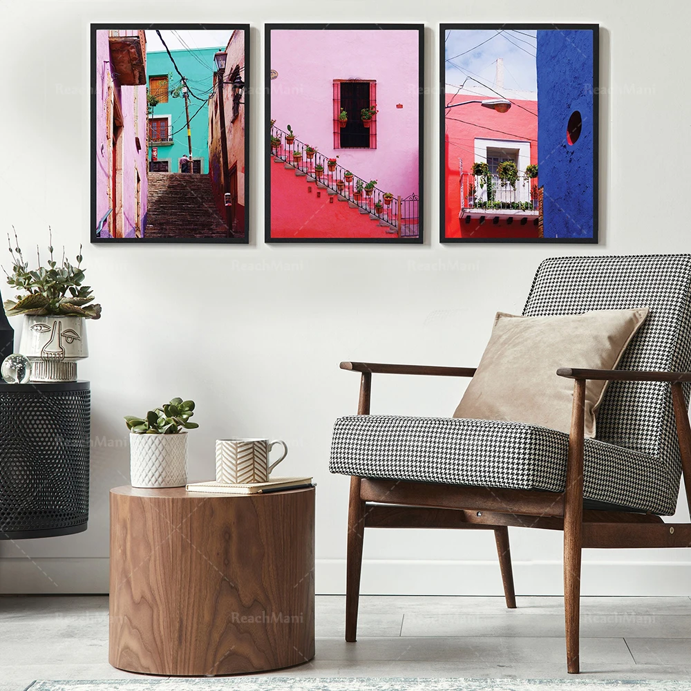 México |   Guanajuato Calle Exótica Colorida |   Póster impreso en lienzo con decoración fotográfica de vista de calle de arquitectura, impresión de viaje