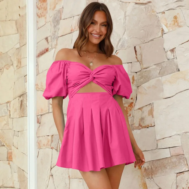 

Sexy Off Shoulder Lantern Sleeves Pleated Dress Summer Female Clothing New Temperament Solid Color Fashion Short A-line Skirt