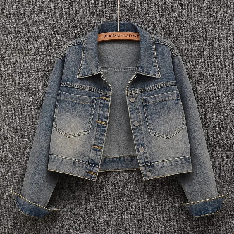 

Women Vintage Cropped Denim Jacket Classic Harajuku Y2K Blue American Coat Loose Casual Simple Turn Down Collar Top