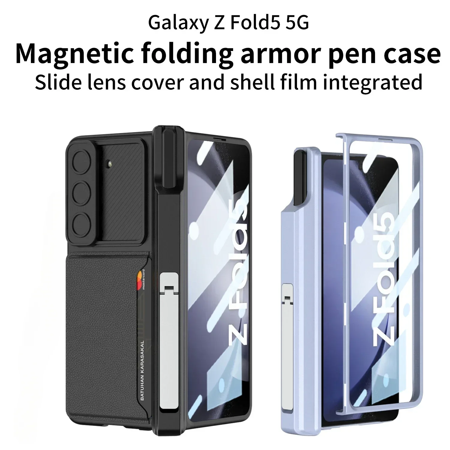 Card Holder Phone Case For Samsung Z Fold 5 Magnetic Suction Hinge Case Fold5 Sliding Window Lens Pen Holder All-Inclusive Shell