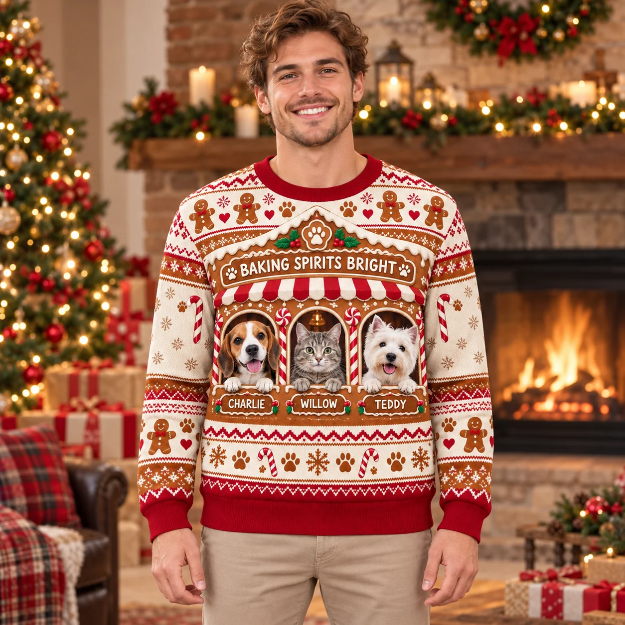 2027 Personalized Animal Portrait Ugly Christmas Sweater Your Pet Photo and Name Printed Crewneck Sweaters for Winter Parties