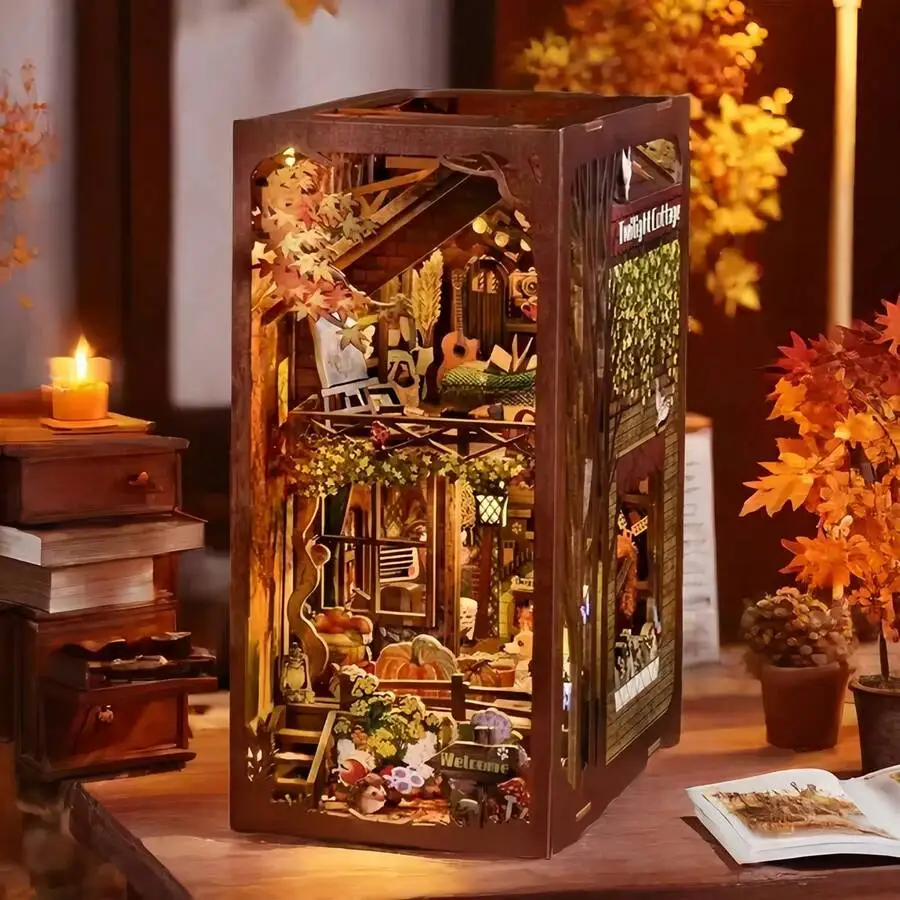 3D Wooden Puzzle Bookshelf Set, Room Bedroom Decor Insertable Ornaments, DIY Handmade Assembly Building Model Toy Miniature Kit,