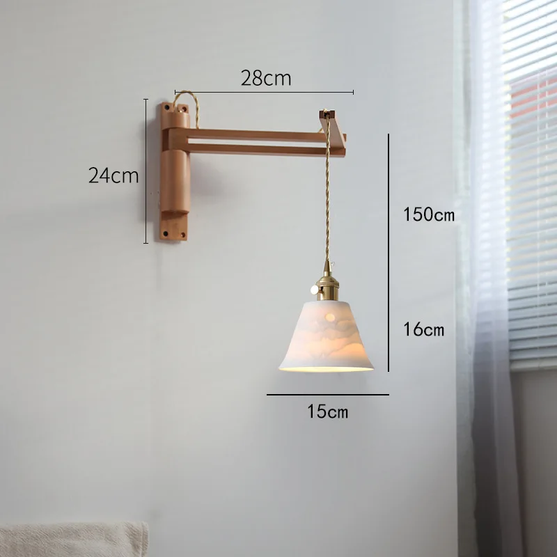 Retro telescopic folding retractable wall lamp Bedroom bedside cable-free displaceable wooden rocker arm lamp LED