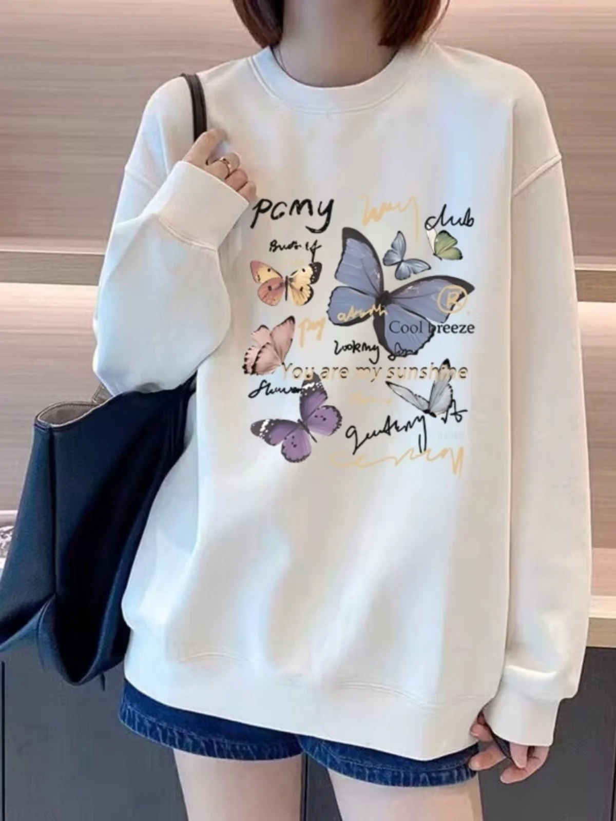 

Белая женская толстовка оверсайз с круглым вырезом, свободного кроя, удобная, из полиэстера, с длинными рукавами, осенне-зимняя новинка