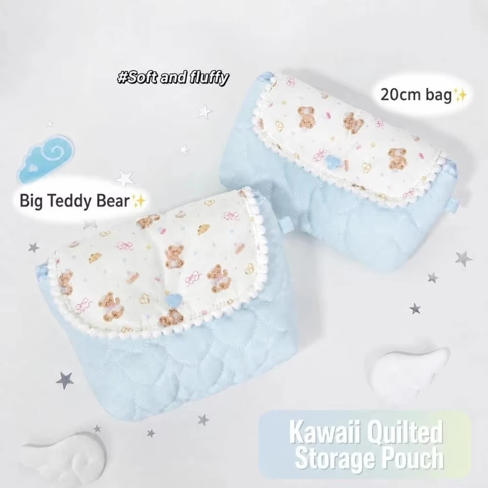 Korean Style Multifunctional Bear/Puppy/Strawberry Print Pencil Case Quilted Large Capacity Lace Pen Bag Lace Flap Makeup Bag