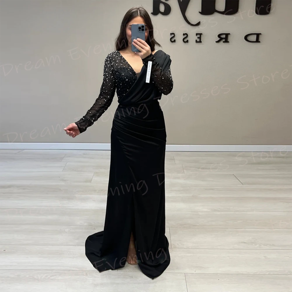 Robe de soirée sirène noire classique pour femme, col en V, robe de Rhsexy, perles, manches longues, fête formelle