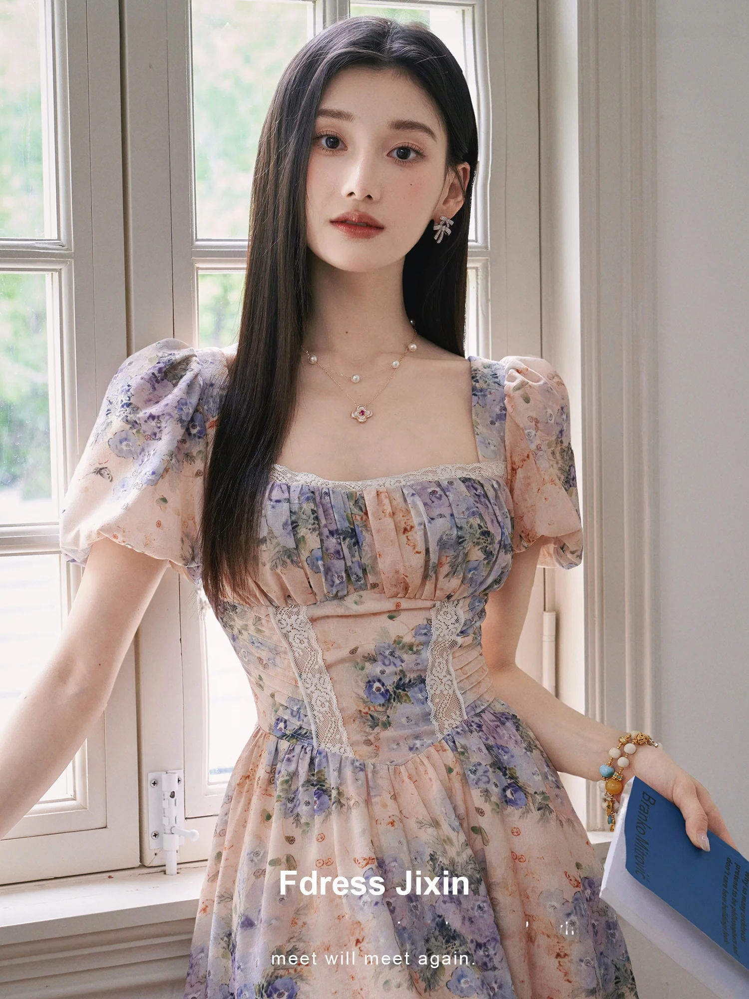 

Элегантное французское платье с принтом из хлопка и льна, с завышенной талией, длинное, для повседневной носки, с квадратным вырезом, в стиле принцесса