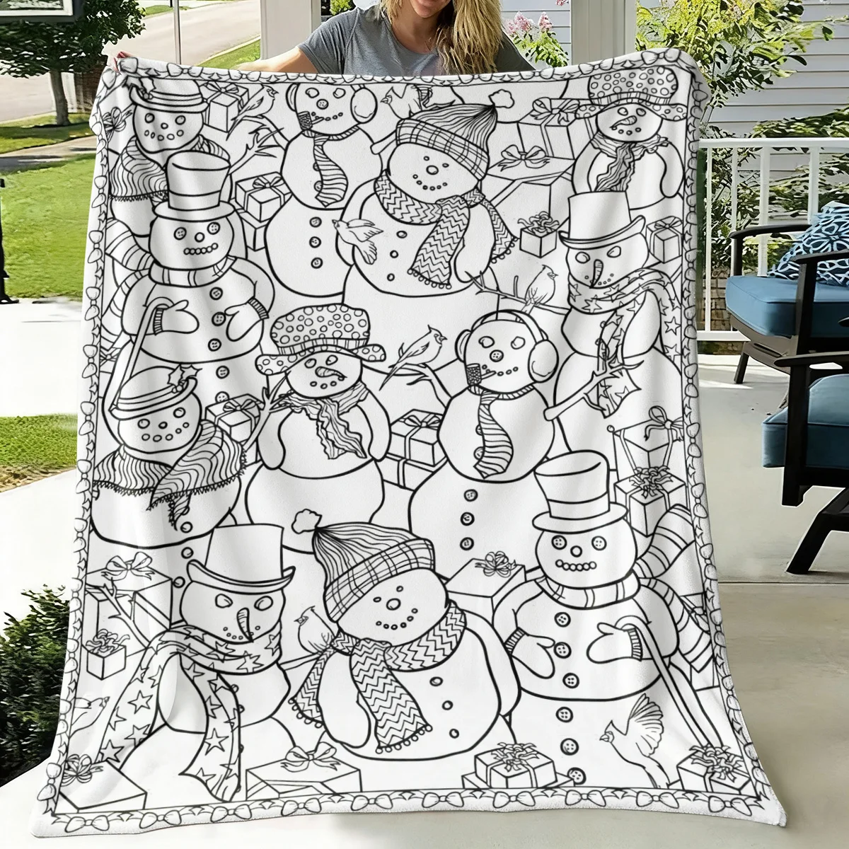 1pc 2D Flat Christmas Snowman DIY Coloring Blanket, Hand-drawn Style Soft Warm Throw, All Season Use, Ideal Holiday Gift
