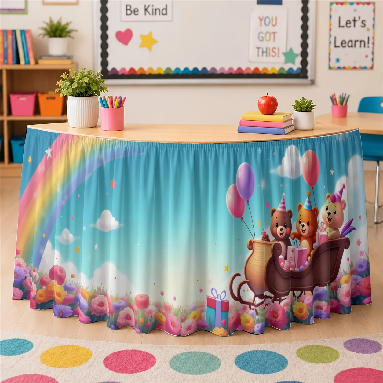 One table skirt. Table skirt. Printed polyester. Playful. Bright. Festival. Flowers. Rainbow. Celebration party.