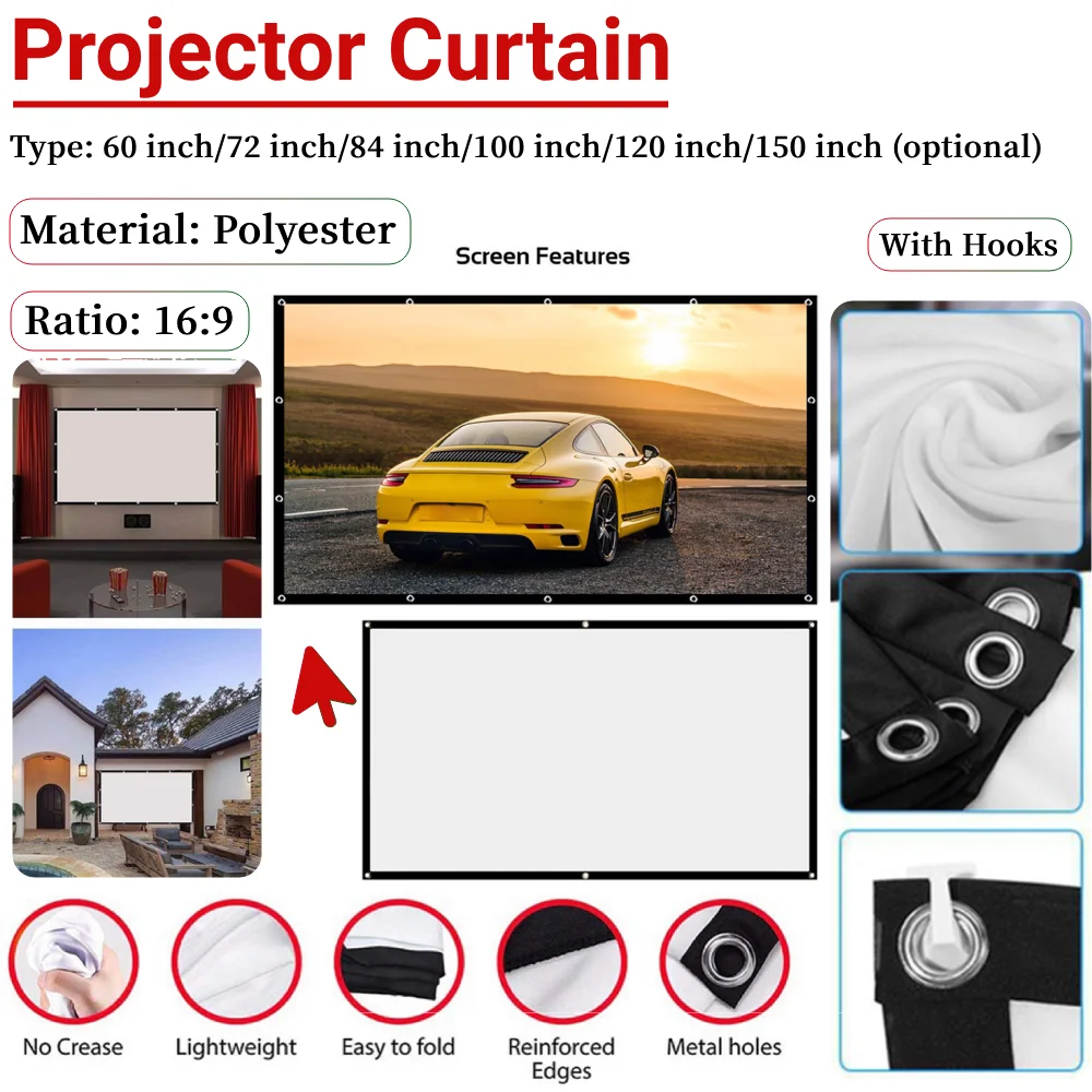 Home Office Projector Curtain Simple KTV 60/72/84/100/120/150 inch 16x9 Display Screen Household Bedroom Ornaments