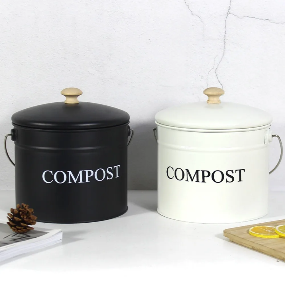 Odorless Kitchen Compost Bucket Activated Charcoal Filtration with Lid Kitchen Trash Bin Folding Handle Metal