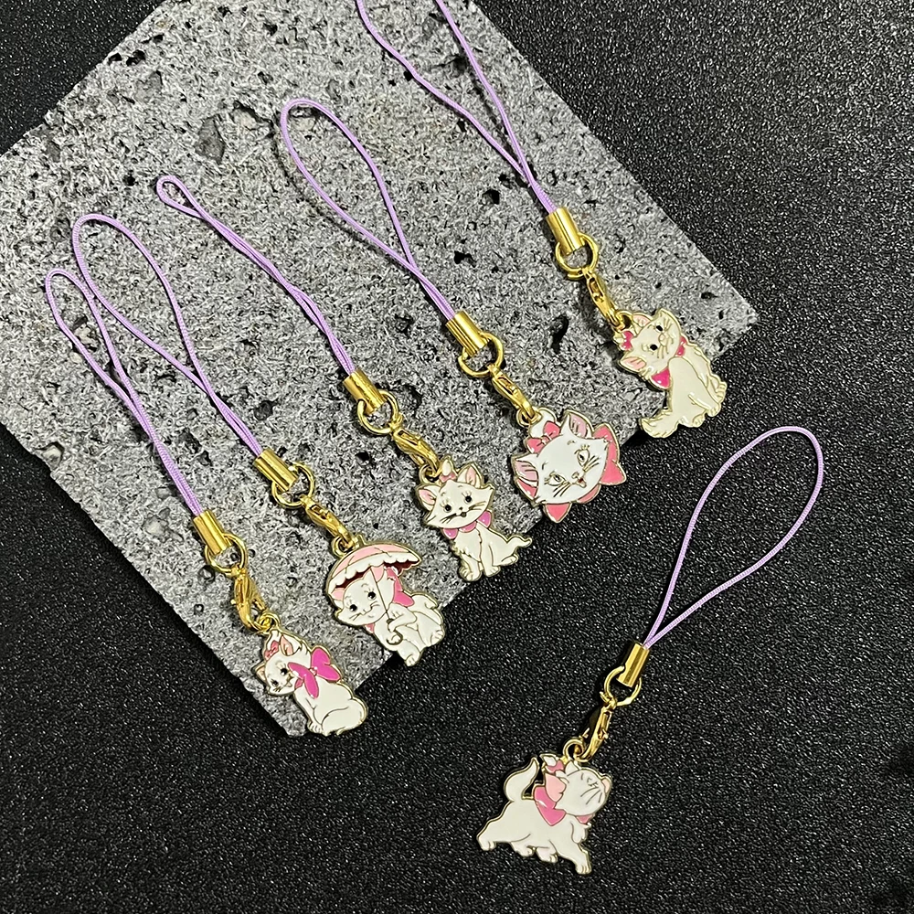 6 uds Disney Marie Cat cadena de teléfono dijes llaveros de moda cordón para llaves correa accesorio móvil