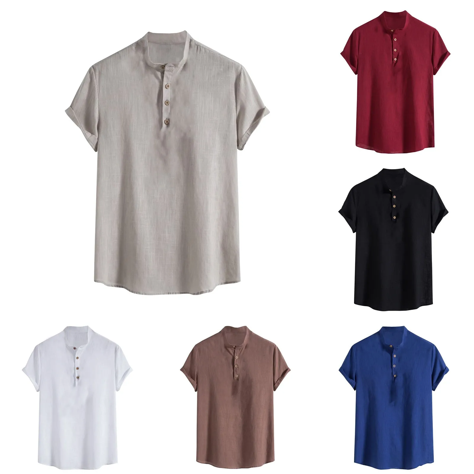 Men'S Thin Cotton Linen Tops Simple Solid Color Button Stand Collar Shirts Summer Daily Casual Fashion Short Sleeve Shirts